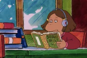 Francine from "Arthur" reading books with headphones on 