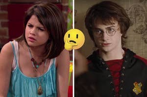 On the left, Selena Gomez as Alex on "Wizards of Waverly Place," and on the right, Harry Potter with a thinking emoji in between the two images
