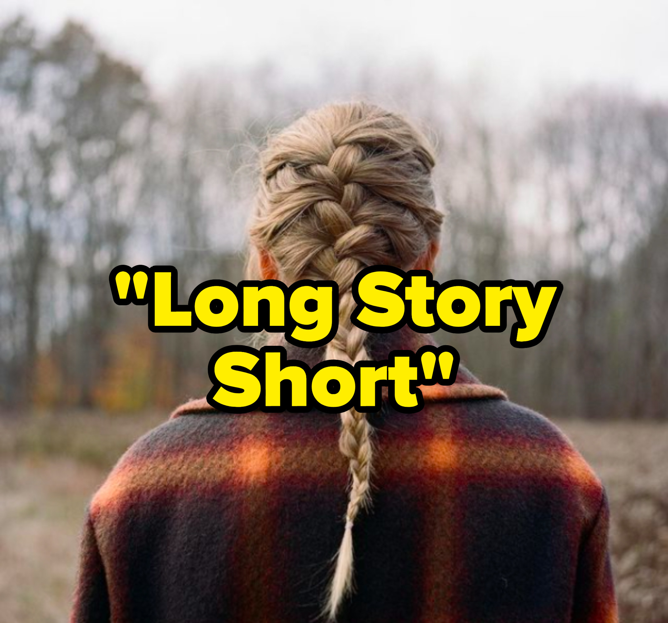 "Long Story Short" written over the "Evermore" album cover