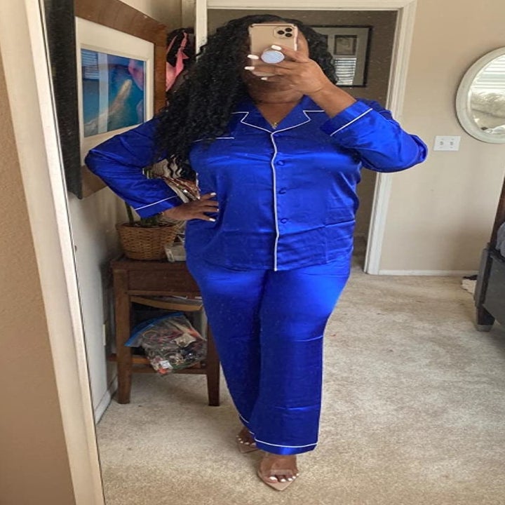 Reviewer wearing blue pajama set