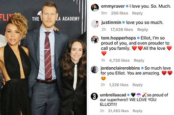 Elliot Page next to supportive Instagram comments