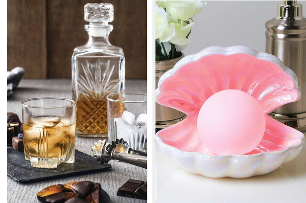 A cut crystal decanter / a pearl light glowing pink