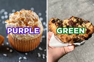 On the left, a salted caramel cupcake labeled "purple," and on the right, someone holding a chocolate chip cookie with bites taken out of it labeled "green"