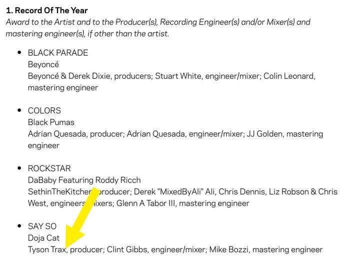 A list of nominees for Record of the Year, with an arrow pointing to Tyson Trax&#x27;s name