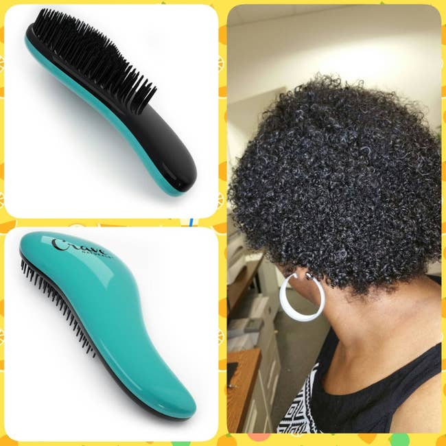 A collage of photos, with the brush in teal and the reviewer's natural hair