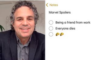Mark Ruffalo side by side with a note from his phone about marvel spoilers