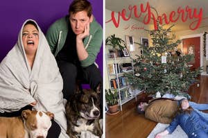 a card with a woman crying covered in a blanket with a man looking bored with their dogs, and a card with two people lying on the ground in front of a Christmas tree with the words 