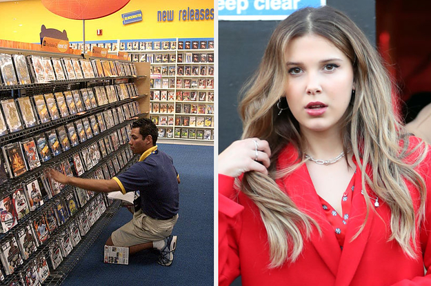 Millie Bobby Brown looking at a blockbuster