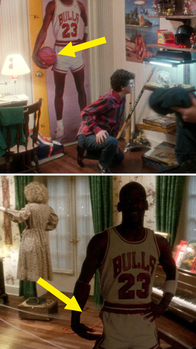 A poster of Michael Jordan holding a basketball in Buzz&#x27;s bedroom and that same poster, cut out attached to a train and not holding a basketball