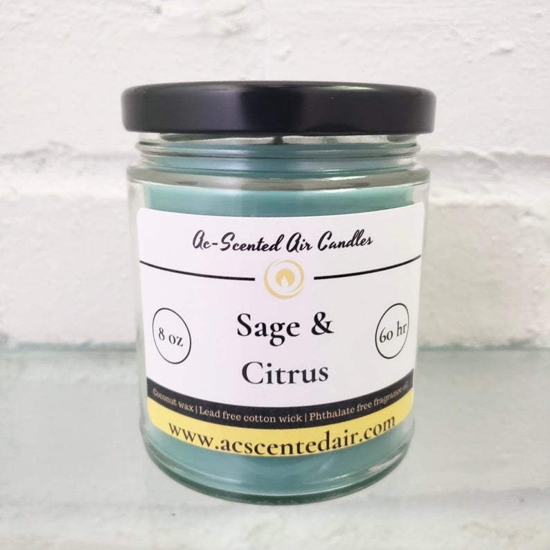 the sage and citrus candle in an eight-ounce glass jar