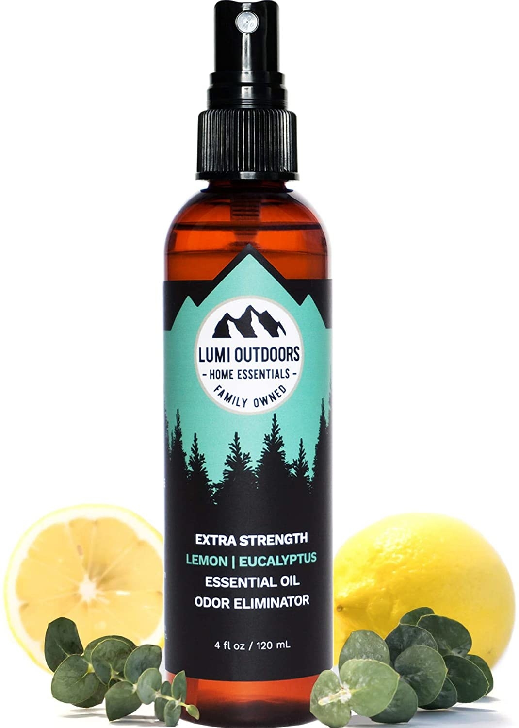 a bottle of the odor eliminating spray with lemons and eucalyptus in the background 