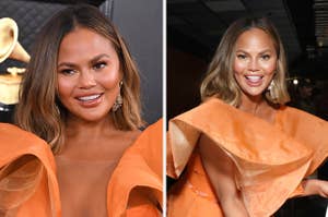Chrissy Teigen at a red carpet next to her giving a cheeky tongue-out smile