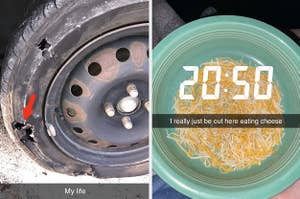 Snapchat 2020 recaps featuring: A busted tire with the caption "my life" and a bowl of cheese with the caption "I really just be out here eating cheese"