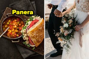 A tuna sandwhich and minestrone soup from Panera, and a bride and groom holding hands