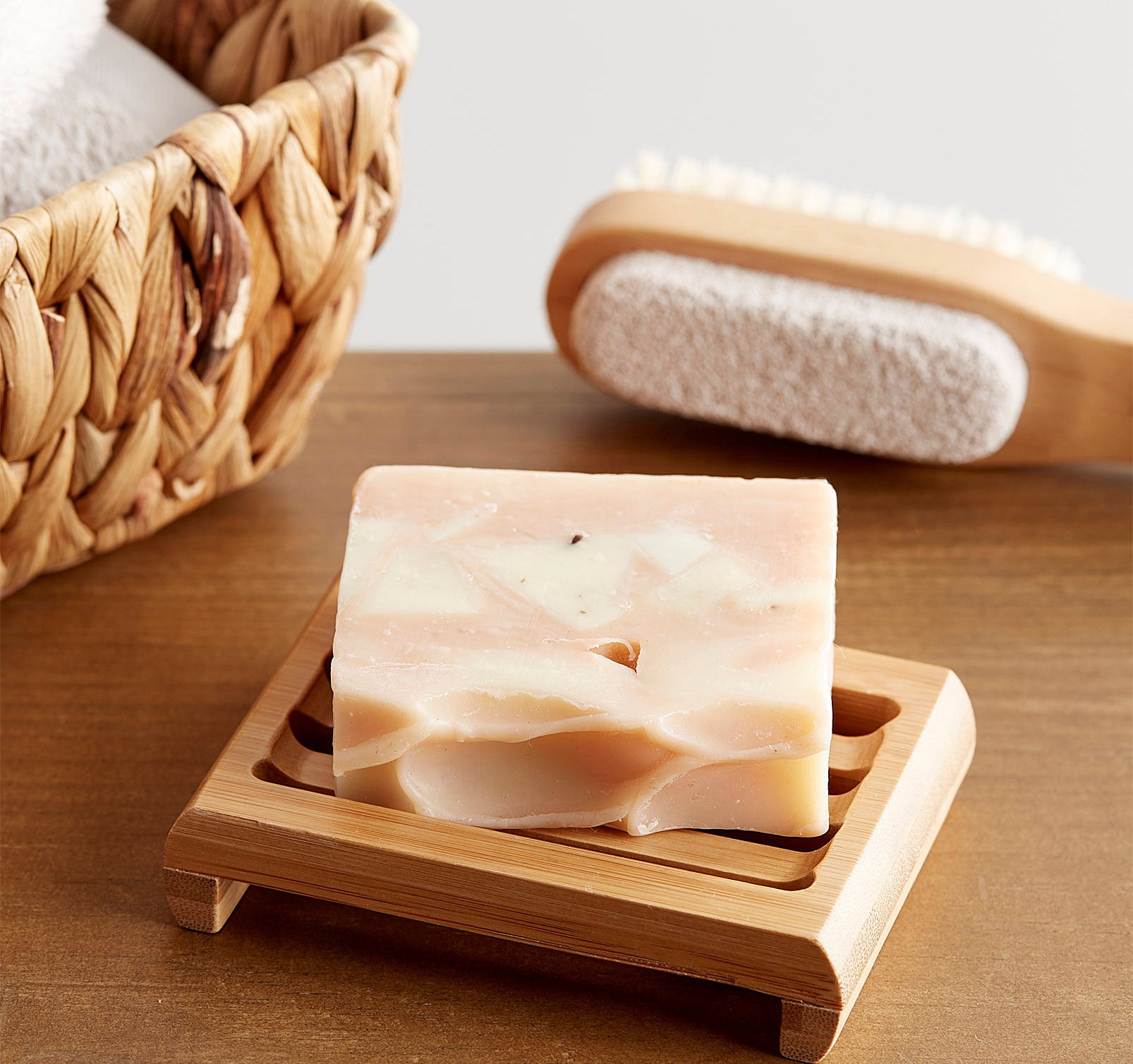 A bar of soap on the bamboo dish