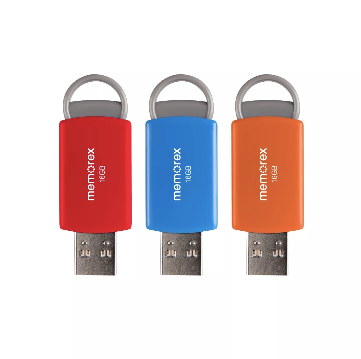 Three flash drives in red, blue, and orange