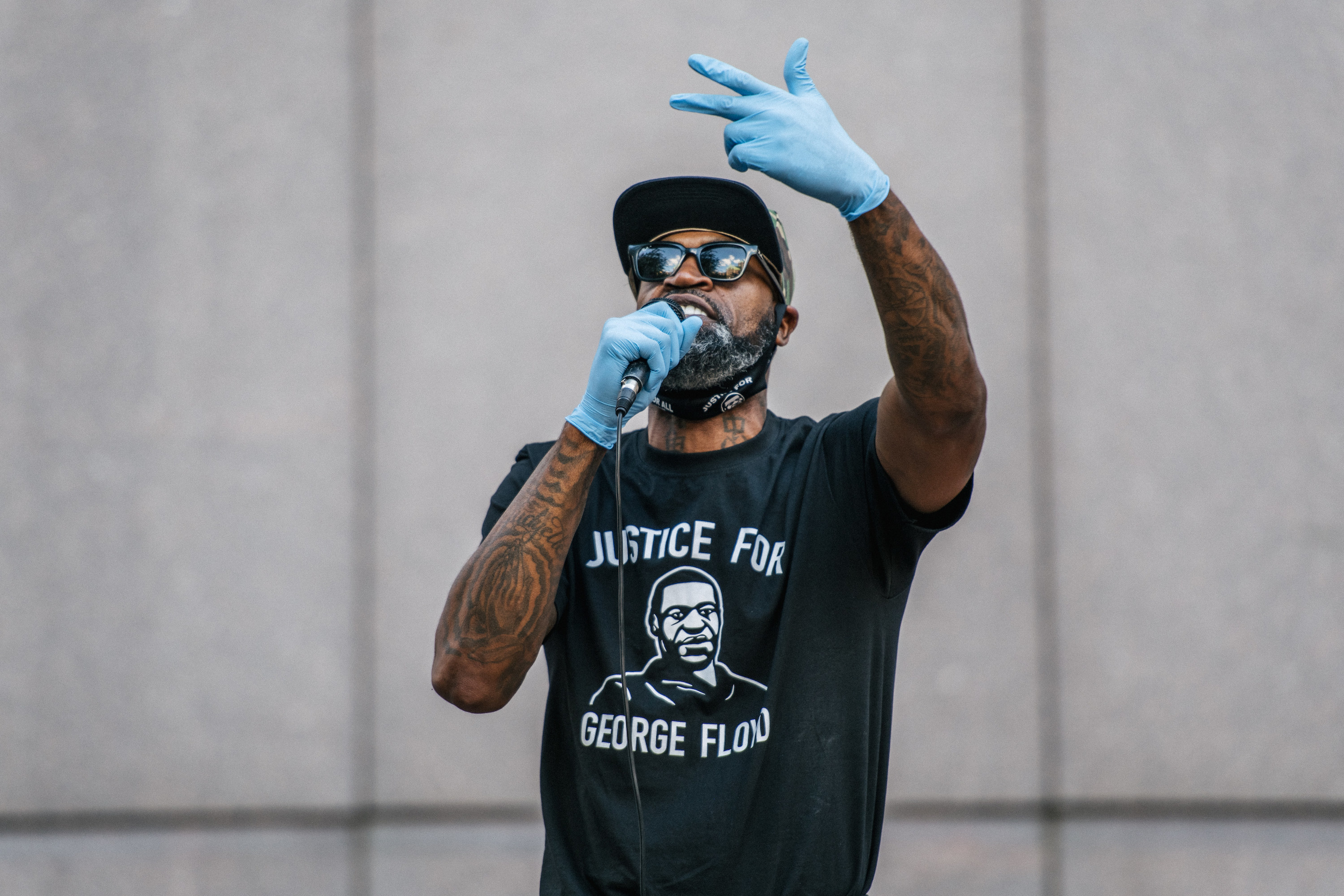 Former NBA player Stephen Jackson, a friend of George Floyd&#x27;s, speaks during a rally in front of the Hennepin County Government Center on June 11, 2020 in Minneapolis, Minnesota