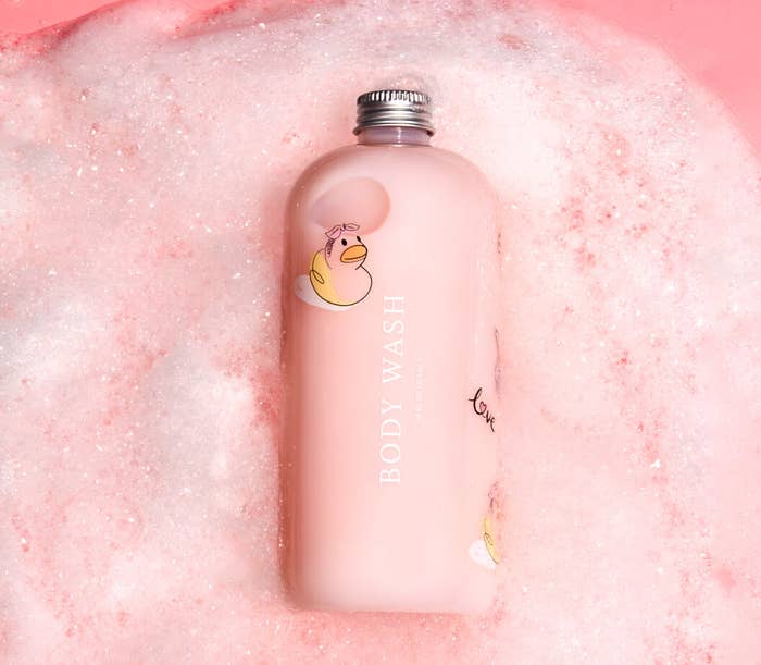 the body wash in pink with a duck sticker on the bottle