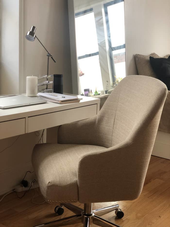 BuzzFeed Editor Christine Forbes&#x27; chair part of a work from home set up
