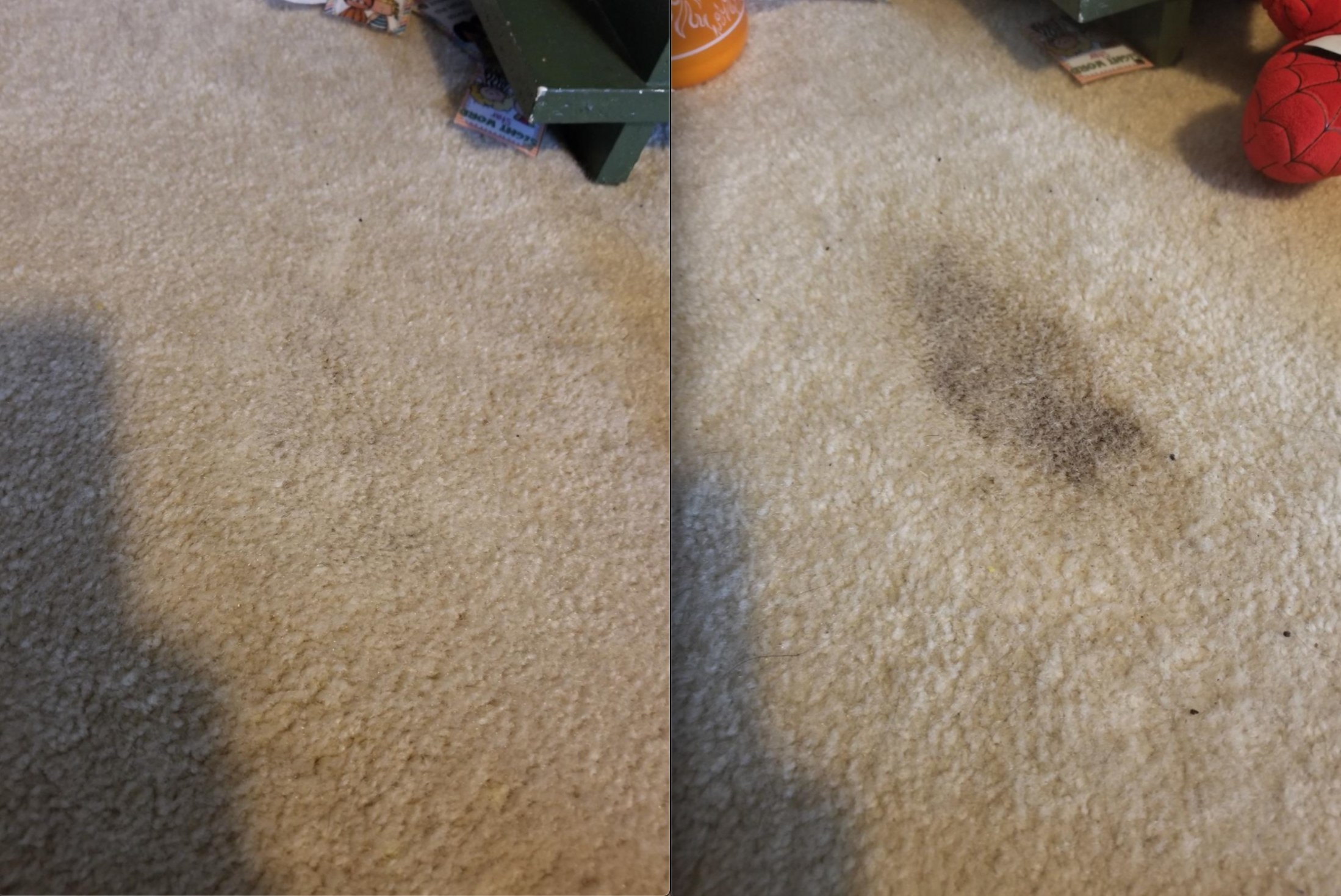 Reviewer&#x27;s before and after of the peed on rug and then clean rug 