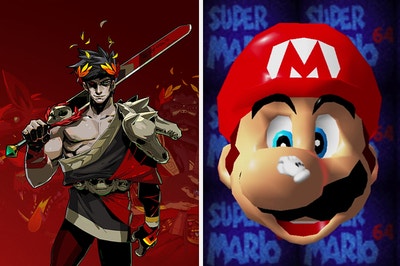 the main character from Hades on the left, Mario on the right