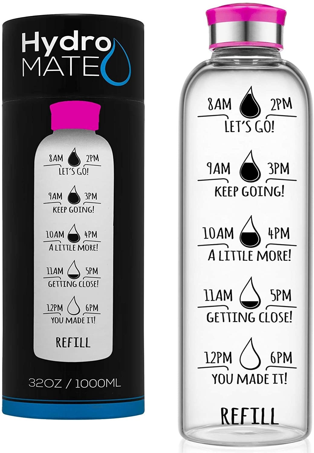 The water bottle with motivating phrases and times on it 