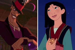 Dr. Facilier is holding his head down on the left with Mulan grabbing her necklace on the right