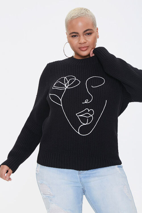 a black sweater with a white outline of a woman on it