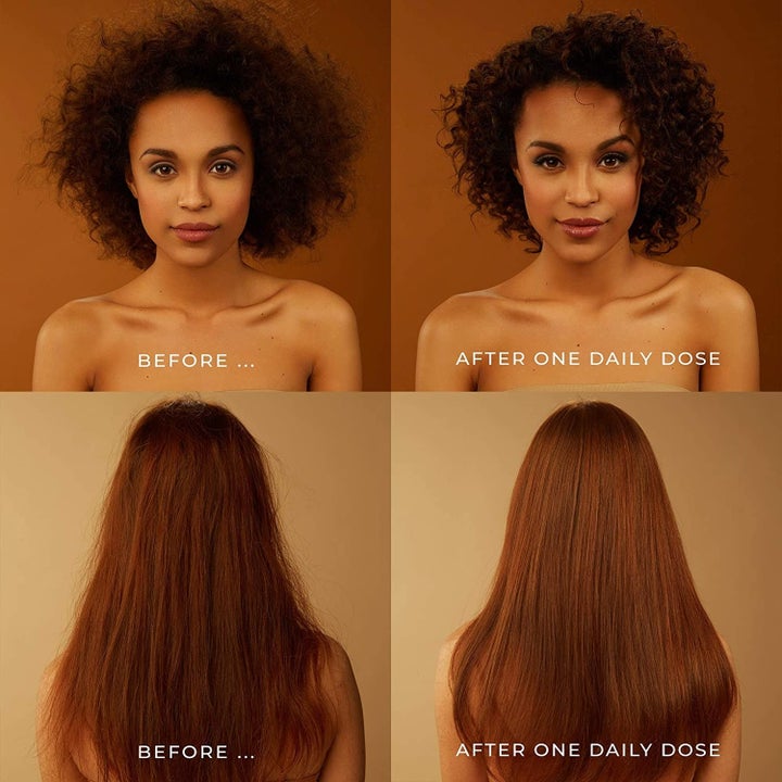 two before and after shots of people's hair after using the conditioner showing less frizz in the after photos