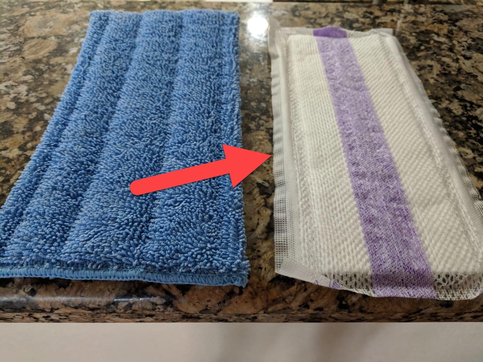 A close-up of two pads, one (left) is reusable and the other (right) is disposable