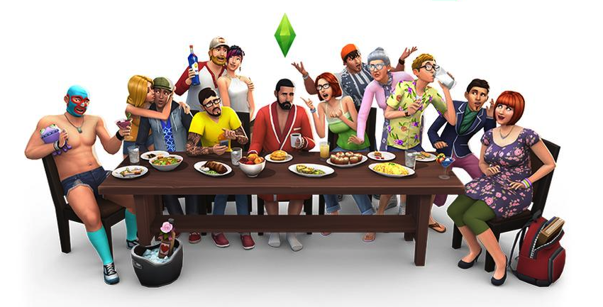 An assortment of Sims characters all squished around a dining room table