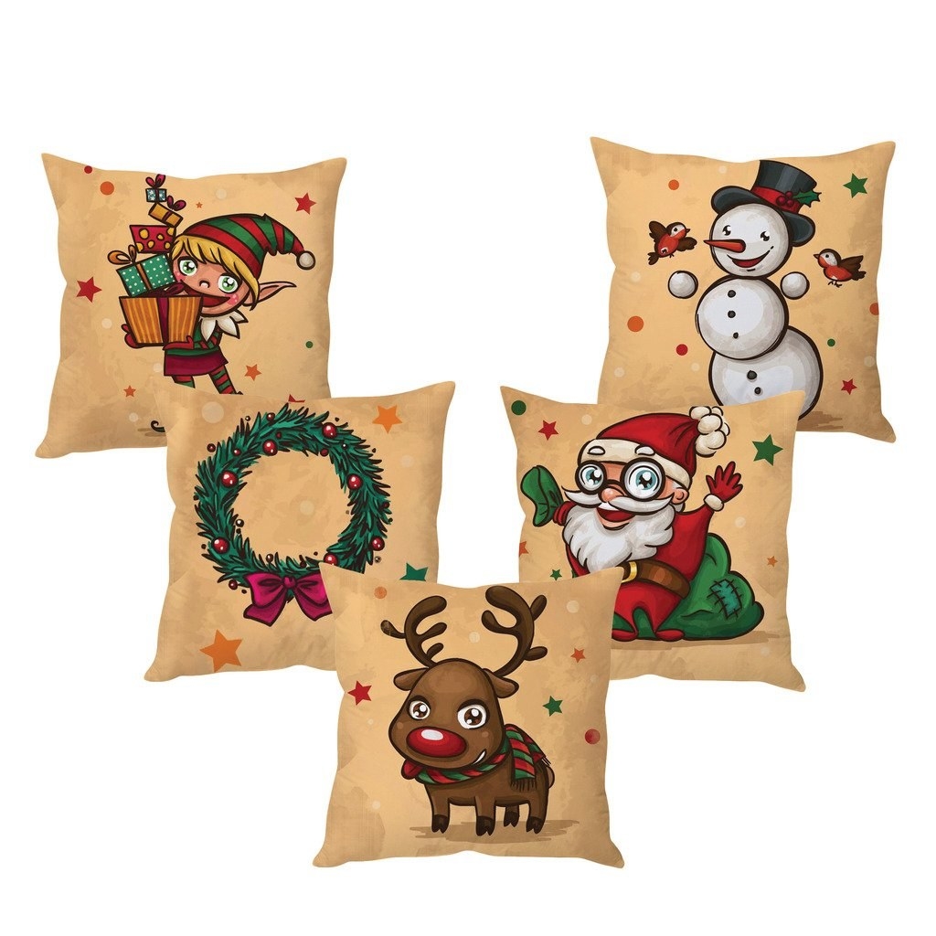 A set of five beige pillow covers with cartoon drawings of an elf, a wreath, a reindeer, a Santa Claus and a snowman.