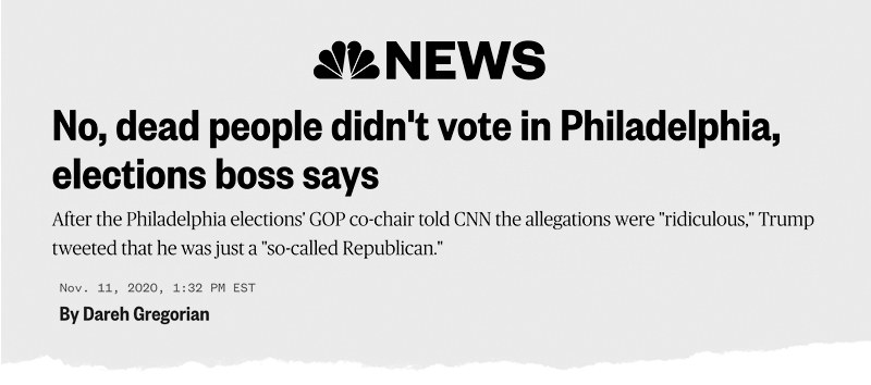 An NBC News headline reads: &quot;No, dead people didn&#x27;t vote in Philadelphia, elections boss says&quot;