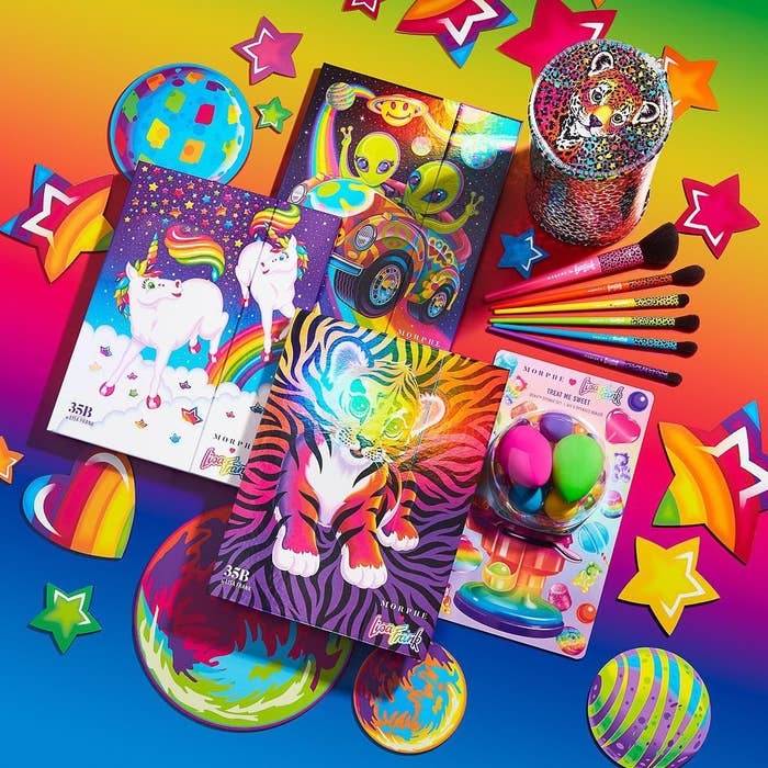 Three eyeshadow palettes, makeup sponges, and a set of brushes from the Lisa Frank and Morphe collection