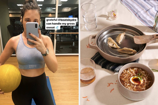 On the left, BuzzFeed Editor Emma McAnaw wears Beats by Dre headphones at gym. On the right, an Our Place pink pan with dumplings inside