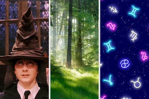 On the left, Harry Potter wearing the sorting hat, in the middle, a clearing in a forest, and on the right, various zodiac symbols