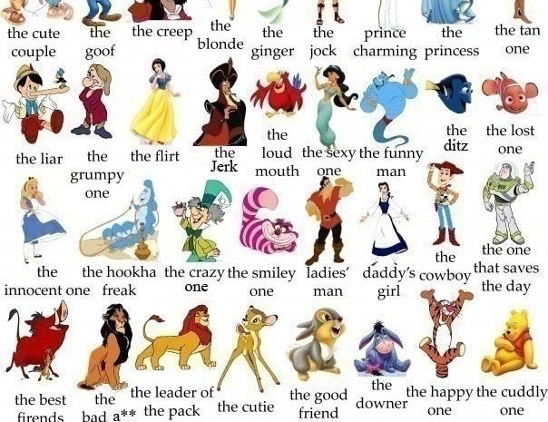 &quot;We all have the friends...&quot; with a bunch of pictures of Disney characters labeled things like &quot;the cuddly one&quot; or &quot;the innocent one&quot;