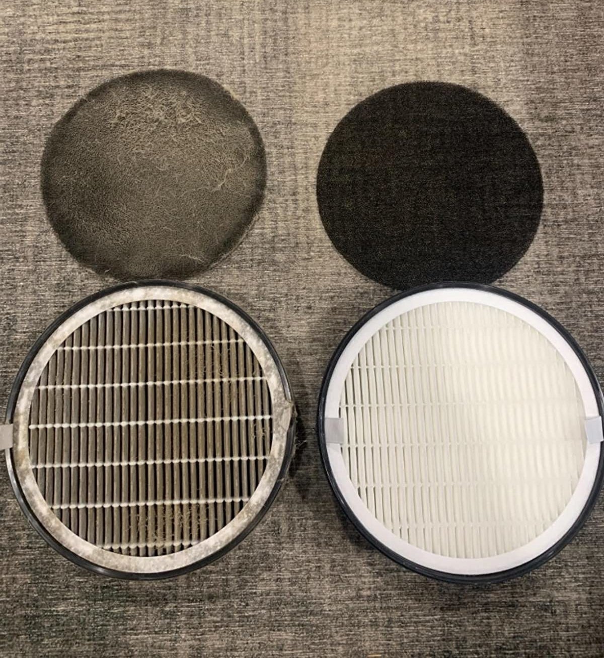 Reviewer&#x27;s photo of their dirty filter after use on the left and a clean filter on the right