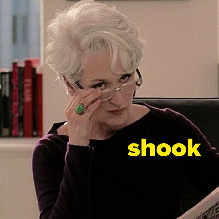 Miranda Priestly from &quot;The Devil Wears Prada&quot; taking off her glasses with the caption &quot;shook&quot;