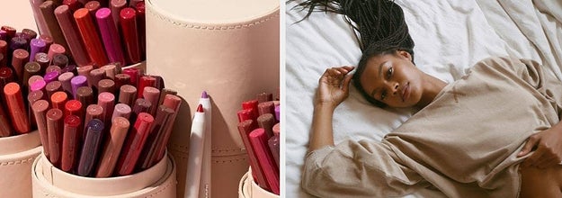 Lip pencils / a model in sweats on a bed