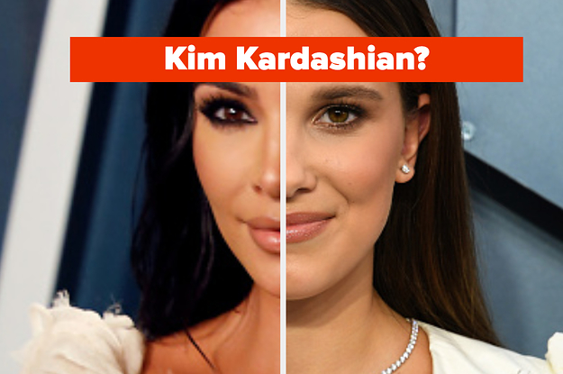 Half of Kim Kardashian's face is on the left with half of Millie Bobby Brown on the right labeled,