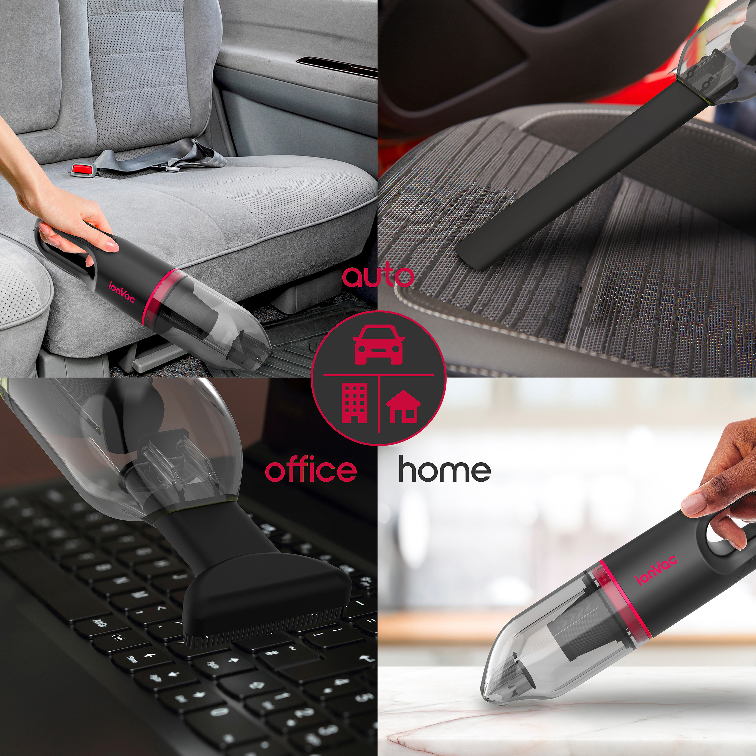 person vacuuming in car office and home