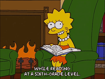 Lisa from &quot;The Simpsons&quot; sitting with a book by the fireplace: &quot;While reading at a sixth-grade level&quot;