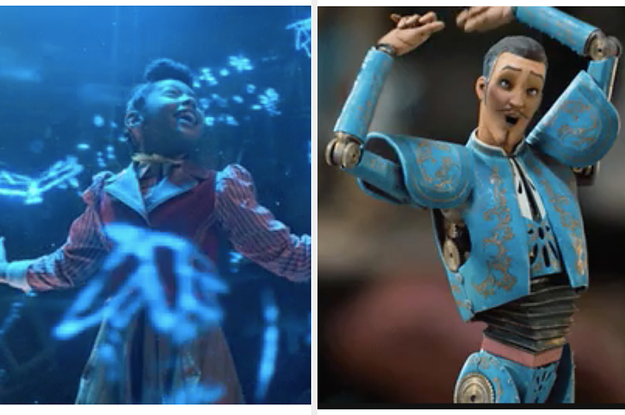 On the left Journey is surrounded by glowing butterflies as she sings, on the right is a matador toy come to life