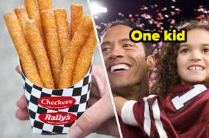 Someone is holding Checkers fries on the left with Dwayne Johnson holding a kid on the right