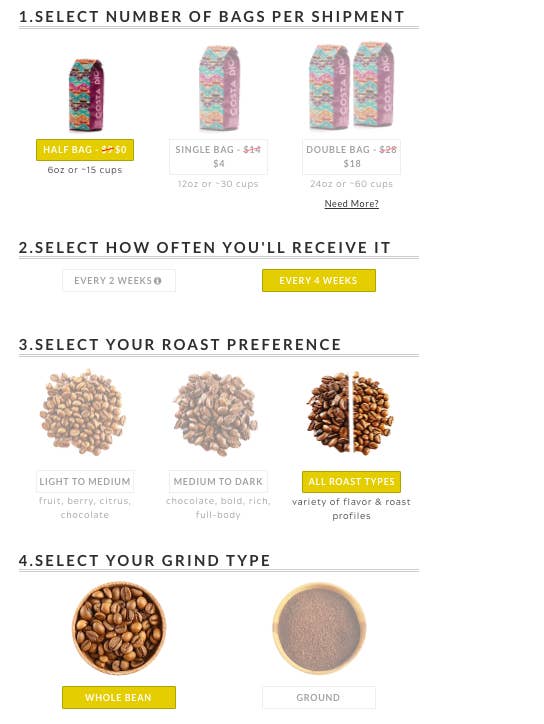 the available coffee preferences according to roast preference and grind type 