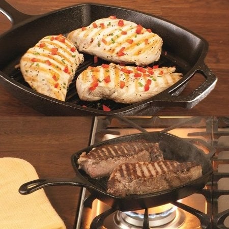 The grill pan with chicken and steak