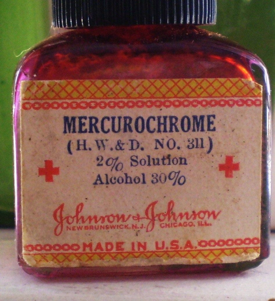 A bottle of Mercurochrome antiseptic (2% solution, 30% alcohol)  from Johnson &amp;amp; Johnson