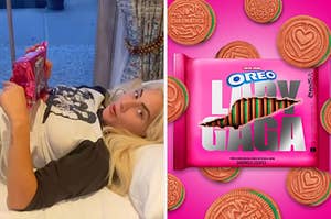 Lady Gaga laying down with a package of her new Oreos and the promotional photo for Lady Gaga's Chromatica Oreos