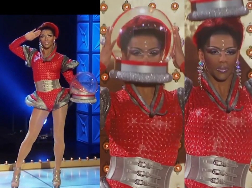 Drag queen Shangela wearing a retro style red and grey space outfit